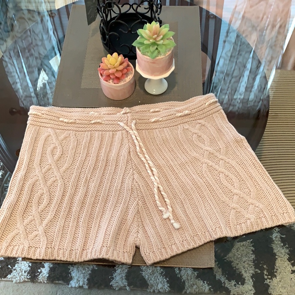 Baby pink sweater shorts with tie waist